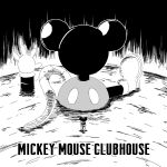  1boy artist_name bagelsforall disney english_text full_body greyscale highres male_focus mickey_mouse monochrome slide solo standing wide_shot 