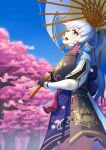  1girl absurdres armor back_bow black_gloves blue_bow blue_eyes blue_hair blue_hakama blue_sky bow breastplate cherry_blossoms commentary_request from_side genshin_impact gloves hair_ribbon hakama highres holding holding_umbrella japanese_clothes kamisato_ayaka light_blue_hair looking_up mole mole_under_eye oil-paper_umbrella open_mouth outdoors partially_fingerless_gloves ponytail red_ribbon ribbon riore_(0808) sky smile solo teeth tree tress_ribbon umbrella upper_body upper_teeth_only 