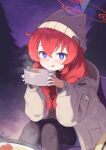  1girl :d absurdres blue_archive blush food hat highres holding jacket klaius red_hair sitting smile solo 