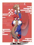  1girl 2024 alternate_costume animal_ears blue_eyes blue_kimono brown_hair ear_ribbon from_behind grass_wonder_(umamusume) hair_bun happy_new_year highres holding holding_umbrella horse_ears horse_girl horse_tail japanese_clothes kimono looking_at_viewer looking_back oil-paper_umbrella sandals smile solo tail tail_through_clothes umamusume umbrella wonder589 