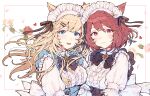  2girls absurdres animal_ears apron black_apron black_bow black_bowtie blonde_hair blue_apron blue_eyes bow bowtie breasts cat_ears closed_mouth dress final_fantasy final_fantasy_xiv flower hair_between_eyes hair_ornament hair_ribbon hairclip heart highres light_blush long_hair looking_at_viewer maid maid_apron maid_headdress medium_breasts miqo&#039;te mokokoiro multiple_girls open_mouth red_eyes red_hair ribbon short_hair upper_body white_dress white_headdress 