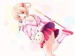  1girl animal_bag ass blonde_hair bow boyjay14 green_eyes hair_bow highres kano_(hanayori_jyoshiryou) kano_(utaite) looking_at_viewer microphone nanahira panties pantyshot pink_sweater rabbit_bag red_bow red_skirt short_hair skirt solo sweater underwear 