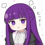  1girl :t black_robe chibi closed_mouth commentary_request dress fern_(sousou_no_frieren) hood hood_down hooded_robe long_hair looking_at_viewer mitya open_clothes open_robe pout purple_eyes purple_hair robe simple_background solo sousou_no_frieren translation_request twitter_username upper_body white_background white_dress 