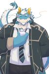  aqua_skin beard chest_hair chinese_zodiac dragon_boy dragon_horns facial_hair full_beard furry highres horns huge_eyebrows mature_male necktie qinglong_(housamo) striped_necktie thick_beard tokyo_afterschool_summoners two-tone_beard year_of_the_dragon 