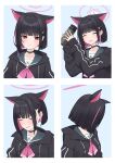  1girl absurdres animal_ears black_hair black_jacket blue_archive cat_ears colored_inner_hair green_sailor_collar hair_ornament hairclip halo highres hood hood_down hooded_jacket jacket kazusa_(blue_archive) long_sleeves momocadraw multicolored_hair multiple_views pink_hair pink_halo sailor_collar short_hair solo 