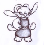  2007 alien angel_(lilo_and_stitch) antennae_(anatomy) clothed clothing disney experiment_(lilo_and_stitch) female greyscale hand_on_hip lilo_and_stitch littletiger488 looking_at_viewer monochrome simple_background sketch smile solo traditional_media_(artwork) uniform white_background 