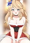 1girl animal_ears arn7 bare_shoulders bed_sheet black_choker blonde_hair blue_eyes blush bow breasts choker christmas cleavage commentary dress ear_bow fur-trimmed_dress fur_trim gold_city_(umamusume) highres horse_ears horse_girl large_breasts long_hair looking_at_viewer on_bed open_mouth red_dress santa_dress short_dress sitting smile solo strapless strapless_dress umamusume v_arms 