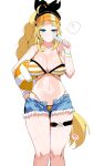 1girl ? absurdres bikini blonde_hair blue_eyes bored bracelet braid breasts denim denim_shorts highres jewelry looking_at_viewer open_fly plentyofempty short_shorts shorts single_braid swimsuit tail thick_thighs thigh_strap thighs volleyball white_background yellow_headwear 