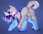  &lt;3 2020 absurd_res amethyst_aria anus balls blue_background blue_body blue_fur canid canine canis chest_tuft collar domestic_dog duo english_text equid equine fan_character female feral feral_on_feral fetlocks from_behind_position fur genitals grey_body grey_fur hasbro hi_res horn inner_ear_fluff interspecies looking_at_another looking_back male male/female mammal mounting my_little_pony open_mouth pawpads penetration penis perineum pesty_skillengton purple_collar purple_eyes pussy red_eyes sex simple_background text tongue tongue_out tuft underpaw unicorn url vaginal vaginal_penetration 