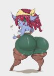  big_butt blue_body blue_skin breasts butt clothing eye_patch eyewear female footwear hair hi_res high_heels huarbodraw huge_butt humanoid_pointy_ears league_of_legends looking_back not_furry red_hair riot_games shoes short_stack simple_background solo thick_thighs video_games white_background yordle 
