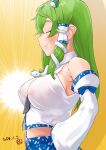  1girl between_breasts black_necktie blue_bow blue_skirt blush bow breasts closed_eyes closed_mouth collared_shirt commentary_request covered_nipples dated detached_sleeves frog_hair_ornament from_side green_hair hair_between_eyes hair_ornament highres kei_jiei kochiya_sanae large_breasts long_hair medium_bangs necktie necktie_between_breasts shirt sideboob sidelocks single_hair_tube skirt sleeve_bow sleeveless sleeveless_shirt smile snake_hair_ornament solo touhou upper_body white_shirt white_sleeves yellow_background 