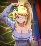  1girl alternate_costume arm_behind_back arm_up bare_shoulders blonde_hair blue_eyes blush box breasts canadiananiguy casual christmas_tree collarbone gift gift_box hair_between_eyes highres large_breasts leaning_forward long_hair long_sleeves looking_at_viewer merry_christmas metroid mistletoe night off-shoulder_sweater off_shoulder one_eye_closed ponytail ribbed_sweater samus_aran sidelocks smile sweater swept_bangs upper_body very_long_hair window 