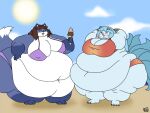 2018 3_toes 4:3 4_toes 5_fingers anthro arctic_fox bandage bandaged_arm barefoot batspid2 beach belly big_belly big_breasts big_butt bikini biped black_claws black_eyebrows black_eyelashes black_eyes black_nose blue_body blue_fur blue_hair blue_nose blush breasts brown_hair butt canid canine chloe_(batspid2) claws clothing cloud dessert digital_drawing_(artwork) digital_media_(artwork) double_chin duo ear_markings eye_contact eyebrow_through_hair eyebrows feet female fingers flabby_arms flat_colors food fox front_view full-length_portrait fur glistening glistening_nose gloves_(marking) hair hands_behind_head holding_food holding_object huge_breasts huge_butt huge_thighs hyper hyper_belly hyper_butt hyper_hips hyper_thighs ice_cream leg_markings lips looking_at_another love_handles mammal markings midriff morbidly_obese morbidly_obese_anthro morbidly_obese_female multi_tail multicolored_body multicolored_fur navel neck_tuft nipple_outline obese obese_anthro obese_female overweight overweight_anthro overweight_female pink_blush pink_tongue portrait purple_bikini purple_clothing purple_eyes purple_swimwear red_bikini red_clothing red_swimwear seaside signature sky smile socks_(marking) standing string_bikini sun swimwear tail tail_markings tail_tuft tankini thick_lips thick_thighs three-quarter_view toe_claws toes tongue translucent translucent_hair tuft white_body white_fur yulia_(fffandever)