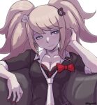  1girl artist_name bear_hair_ornament black_shirt bow breasts cleavage danganronpa:_trigger_happy_havoc danganronpa_(series) enoshima_junko hair_ornament large_breasts light_smile looking_at_viewer necktie rajaie101 red_bow shirt short_sleeves simple_background solo twintails upper_body white_background white_necktie 