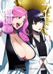  2girls absurdres arm_around_shoulder black_hair bleach blunt_bangs breasts cleavage commentary_request cover cover_page english_text facial_mark green_eyes headdress highres hikifune_kirio huge_breasts large_breasts lipstick long_hair long_sleeves makeup mattari_yufi multiple_girls one_eye_closed open_mouth pink_eyes pink_hair shutara_senjumaru sidelocks translation_request upper_body wide_sleeves 