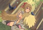 1girl alt_text animal animal_on_arm bare_shoulders bird bird_legs bird_on_arm blonde_hair blue_eyes breasts center_opening commentary feathers forest hair_ribbon harpy highres indie_virtual_youtuber leotard long_hair mavia_(vtuber) medium_breasts monster_girl nature navel pink_thighhighs red_ribbon ribbon sabu_82 second-party_source sleeveless solo symbol-only_commentary thighhighs virtual_youtuber white_leotard winged_arms wings yellow_feathers yellow_wings 