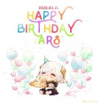  1girl ars_almal balloon black_cloak black_skirt blush chibi cloak closed_eyes dated eating food full_body hair_ornament happy_birthday hat highres hood hooded_cloak moca_soon nijisanji party_hat pizza shirt short_hair skirt solo virtual_youtuber white_hair white_shirt 