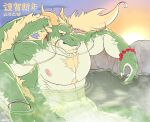  1boy asano_(asanoozeann) bara beard blonde_hair chest_tuft chinese_zodiac cloaca dragon_boy dragon_ears dragon_horns dragon_tail facial_hair forked_eyebrows fur-tipped_tail furry furry_male goatee green_fur highres horns huge_pectorals large_hands large_pectorals looking_at_viewer male_focus mature_male muscular muscular_male nipples onsen original outstretched_arms pectorals see-through sideburns solo spread_arms sunrise tail thick_beard thick_eyebrows year_of_the_dragon 