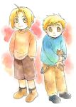  2boys alphonse_elric animal ankle_boots black_footwear black_legwear blonde_hair blue_shirt boots brothers brown_cat brown_footwear brown_pants brown_shorts cat child closed_mouth color_ink_(medium) dot_nose edward_elric full_body fullmetal_alchemist gradient gradient_background hands_in_pockets happy holding holding_animal holding_cat leaning leaning_forward light_blush long_sleeves looking_afar looking_at_viewer male_focus multiple_boys orange_background orange_shirt outline pants red_background shirt shorts siblings side-by-side simple_background smile socks standing suspenders tareme traditional_media uho_(uhoponta) white_background white_outline yellow_eyes younger 