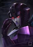  1girl android colored_skin fingernails glowing glowing_eyes grey_skin helmet highres humanoid_robot looking_at_viewer myla_xan purple_lips red_eyes robot robot_girl sharp_fingernails slipstream_(transformers) solo transformers 