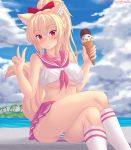  1girl animal_ear_fluff animal_ears ass bangs blonde_hair bow breasts cat_ears cloud crop_top crop_top_overhang crossed_legs eyebrows_visible_through_hair fang food grin hair_bow highres holding ice_cream ice_cream_cone kneehighs large_breasts long_hair looking_at_viewer neckerchief nottytiffy original palm_tree panties pantyshot patreon_username pink_skirt pleated_skirt ponytail red_eyes sailor_collar school_uniform serafuku shirt sidelocks sitting skirt sky sleeveless sleeveless_shirt slit_pupils smile solo striped striped_panties thighs tiffy_(nottytiffy) tree underboob underwear v water white_legwear white_shirt 