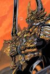  1boy animal_ears armor artist_name fangs full_armor full_moon garo garo_(series) garo_sho gold gold_armor happy_new_year holding holding_sword holding_weapon moon moruko mountain orange_eyes orange_sky outdoors print_armor sky sword tokusatsu upper_body weapon wolf_ears 