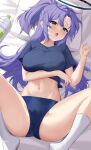  1girl absurdres ass bed_sheet black_buruma black_shirt blue_archive blush bottle breasts buruma hair_between_eyes halo highres large_breasts long_hair looking_at_viewer mechanical_halo nacho_(nacho_1103) navel official_alternate_costume open_mouth ponytail purple_eyes purple_hair shirt short_sleeves socks solo tongue tongue_out water_bottle white_socks yuuka_(blue_archive) yuuka_(track)_(blue_archive) 