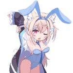 1girl :o alternate_costume animal_ear_fluff animal_ears arms_behind_head arms_up bandaid bandaid_hair_ornament black_jacket blonde_hair blue_hair blue_hairband blue_leotard blue_necktie blush_stickers breasts commentary_request dog_ears fake_animal_ears fang fuwawa_abyssgard hair_ornament hairband hairclip hololive hololive_english jacket large_breasts leotard long_hair looking_at_viewer multicolored_hair necktie off_shoulder one_eye_closed pink_eyes pixel_art potato7192 rabbit_ears simple_background skin_fang solo strapless strapless_leotard streaked_hair transparent_background 