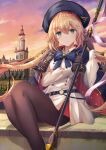  1girl absurdres artoria_pendragon_(caster)_(fate) artoria_pendragon_(fate) bangs belt black_gloves blonde_hair blue_belt blue_bow blue_bowtie blue_cape blue_headwear bow bowtie brown_legwear buttons cape closed_mouth cloud collared_dress commentary_request dress eyebrows_visible_through_hair fate/grand_order fate_(series) floating_hair gloves green_eyes hair_between_eyes hat highres holding holding_staff holding_weapon long_hair long_sleeves looking_at_viewer orange_sky outdoors pantyhose sidelocks sitting sky smile solo staff thighs torottye twintails very_long_hair weapon white_dress 