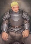  1boy against_wall armor arms_at_sides bara belt blonde_hair breastplate bulge drooling dungeon_meshi erection erection_under_clothes feet_out_of_frame laios_thorden long_sleeves male_focus muscular muscular_male precum precum_through_clothes short_hair sitting sleeping solo spread_legs syu0909 twitching_penis 