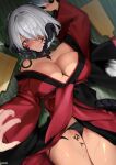  1girl 1other absurdres au_ra black_panties blue_eyes blush body_writing breasts clothes_lift commentary_request dragon_horns dragon_tail fang final_fantasy final_fantasy_xiv grey_hair hagoita hair_over_one_eye hane_(hanetsuki) hanetsuki highres horns japanese_clothes kimono kimono_lift large_breasts no_bra paddle panties scales shhilee short_hair skin_fang solo_focus tail tally tears underwear warrior_of_light_(ff14) 