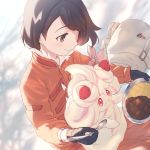  1girl alcremie arm_ribbon bag black_gloves brown_eyes brown_hair closed_mouth commentary_request curry dynamax_band expedition_uniform eyebrows_visible_through_hair eyelashes food fur-trimmed_jacket fur_trim gen_8_pokemon gloria_(pokemon) gloves holding holding_plate holding_spoon jacket on_lap orange_jacket pink_ribbon plate pokemon pokemon_(creature) pokemon_(game) pokemon_on_lap pokemon_swsh ribbon rice short_hair smile spoon tukune white_bag 
