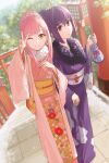  2girls blush breasts fate/grand_order fate_(series) grin highres japanese_clothes kamo_ashi kimono long_hair long_sleeves looking_at_viewer medb_(fate) medium_breasts multiple_girls obi one_eye_closed pink_hair ponytail purple_hair red_eyes sash scathach_(fate) scathach_skadi_(fate) smile v wide_sleeves yellow_eyes 