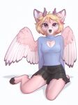 2024 anthro black_nose blonde_hair bottomwear clothed clothing digital_media_(artwork) feathered_wings feathers female fully_clothed hair hi_res horn looking_at_viewer pink_body pink_feathers simple_background skirt smile solo white_background wings yshanii