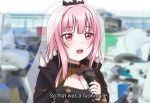  1girl bangs black_nails breasts capelet cleavage english_commentary english_text hololive hololive_english jan_azure large_breasts light_blush meme mori_calliope open_mouth photo_background pink_eyes pink_hair profanity solo spikes tiara veil virtual_youtuber 