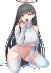  1girl bare_shoulders black_hair blue_archive blush breasts bright_pupils detached_sleeves hair_ornament hairpin halo highres large_breasts long_hair looking_at_viewer mijikayo_(user_eyyx8247) open_mouth panties red_eyes ribbed_sweater rio_(blue_archive) simple_background solo sweater thighhighs underboob underwear virgin_destroyer_sweater white_background white_panties white_pupils white_sleeves white_sweater white_thighhighs 