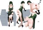  1girl absurdres anal anal_beads anus ass ass_focus black_footwear blush bob_cut breasts butt_plug censored commentary_request cropped_legs dress female_ejaculation fubuki_(one-punch_man) full_body green_dress green_eyes high_heels highres kneeling large_breasts leaning_forward leaning_on_table looking_at_viewer mosaic_censoring one-punch_man one_eye_closed pussy pussy_juice sex_toy short_hair signature sitting smile stiletto_heels thigh_strap toxic_(toxicv) trembling 
