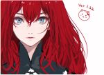  1girl black_shirt blue_eyes commentary d.k doodle_inset hair_between_eyes lips long_hair looking_at_viewer nier nier_(series) popola portrait red_hair shirt simple_background solo straight-on white_background 