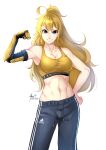  1girl abs absurdres blonde_hair breasts cleavage hand_on_own_hip highres large_breasts lulu-chan92 mechanical_arms midriff pants purple_eyes rwby single_mechanical_arm smile sports_bra track_pants yang_xiao_long yellow_sports_bra 