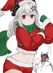  ... 1girl 1other absurdres alternate_costume anger_vein ao_oni_(onioni-aoi) arknights black_horns character_request christmas clenched_hand closed_mouth commentary_request cowboy_shot crop_top cropped_sweater earrings fur-trimmed_headwear fur-trimmed_sleeves fur_trim gloves green_gloves green_scarf hair_ornament hands_up hat highres horns jewelry long_hair long_sleeves looking_at_viewer midriff mudrock_(arknights) navel pointy_ears red_eyes red_headwear red_shorts red_sweater santa_costume santa_hat scarf shorts sidelocks simple_background sketch spoken_ellipsis star_(symbol) star_hair_ornament sweater unfinished we_can_do_it! white_background white_hair 