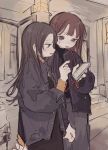  2girls absurdres black_hair black_jacket blush brown_hair cellphone grey_pants highres holding holding_phone jacket long_hair long_sleeves multiple_girls open_clothes open_jacket open_mouth original pants parted_lips phone pointing smartphone yunoki_itsugu 