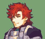  1boy armor breastplate commentary fire_emblem fire_emblem:_three_houses glaceo green_background lowres male_focus orange_hair pauldrons pixel_art short_hair shoulder_armor simple_background solo sylvain_jose_gautier upper_body 