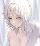  1girl blue_eyes blush breasts cleavage collarbone collared_shirt dress_shirt eonyan_(chaeyang) faust_(project_moon) highres long_hair looking_at_viewer medium_breasts messy_hair off_shoulder open_clothes open_shirt parted_lips project_moon shirt solo upper_body white_hair white_shirt 