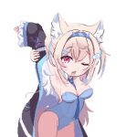  1girl :o alternate_costume animal_ear_fluff animal_ears arms_behind_head arms_up bandaid bandaid_hair_ornament black_jacket blonde_hair blue_hair blue_hairband blue_leotard blue_necktie blush_stickers breasts dog_ears fang fuwawa_abyssgard hair_ornament hairband hairclip hololive hololive_english jacket large_breasts leotard long_hair looking_at_viewer multicolored_hair necktie off_shoulder one_eye_closed pink_eyes pixel_art potato7192 simple_background skin_fang solo strapless strapless_leotard streaked_hair transparent_background 