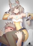  1boy 1girl :3 absurdres animal_ears arm_behind_head blush brown_hair cat_ears chest_jewel core_crystal_(xenoblade) detached_sleeves ear_covers facial_mark grey_hair highres husband_and_wife nia_(xenoblade) pantyhose rex_(xenoblade) scar scar_across_eye scissorhold sitting smile smug thigh_grab thumbs_up whisker_markings xenoblade_chronicles_(series) xenoblade_chronicles_3 xenoblade_chronicles_3:_future_redeemed zambonito 