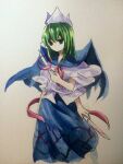  1girl blood blood_on_knife blue_skirt commentary_request cowboy_shot extra_arms green_eyes green_hair highres holding holding_knife kaigen_1025 knife medium_hair mima_(touhou) neckerchief no_mouth painting_(medium) red_neckerchief shirt short_sleeves simple_background skirt solo touhou touhou_(pc-98) traditional_media watercolor_(medium) white_background white_shirt 