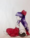  1girl bow commentary_request from_side hair_bow hair_tubes hakurei_reimu hakurei_reimu_(pc-98) japanese_clothes kaigen_1025 kimono long_hair long_sleeves no_shoes orb painting_(medium) purple_hair red_bow red_skirt simple_background sitting skirt socks solo touhou touhou_(pc-98) traditional_media watercolor_(medium) white_background white_kimono white_sleeves white_socks yin_yang yin_yang_orb 