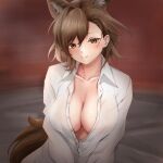  1girl absurdres animal_ears arknights breasts brown_eyes brown_hair collarbone commentary_request highres large_breasts long_sleeves mameppu penance_(arknights) shirt solo tail upper_body white_shirt wolf_ears wolf_tail 