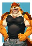 absurd_res anthro barrel_(live_a_hero) bottomwear brown_body brown_fur canid canine canis clothing fur hi_res homohomofever lifewonders live_a_hero male mammal muscular muscular_anthro muscular_male pecs shirt shorts smile solo tank_top topwear wolf