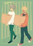  2boys beatmania_iidx black_eyes black_pants black_shirt blonde_hair box cardboard_box commentary_request dark-skinned_male dark_skin ereki_(beatmania) folded_ponytail full_body green_background grey_hair holding holding_box hood hood_down hoodie long_sleeves looking_at_another looking_to_the_side male_focus maoh_(aburaage0528) multiple_boys open_mouth orange_hoodie pants red_footwear shilow shirt shoes short_hair sneakers tan walking white_shirt 